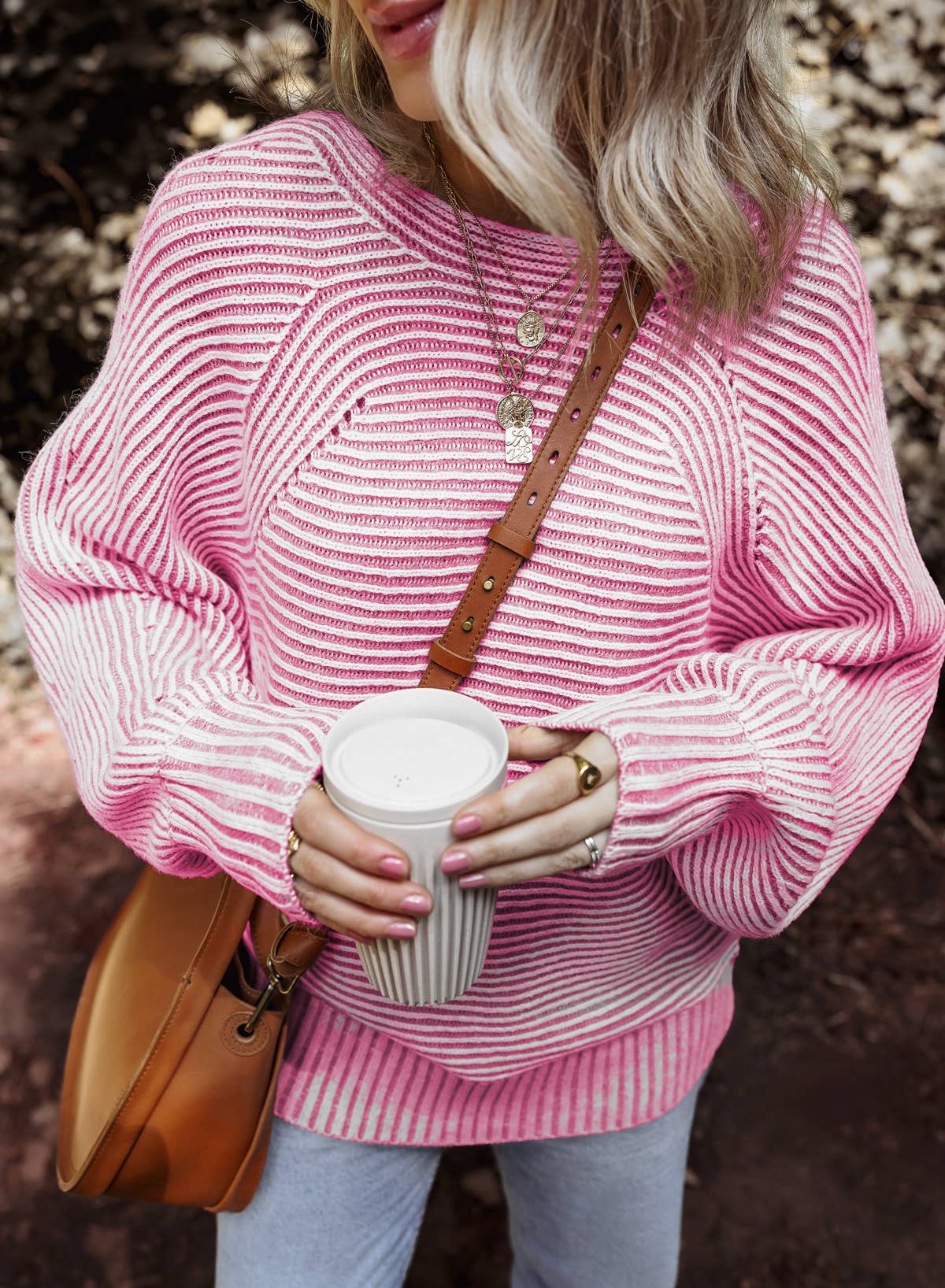Striped Ribbed Knit Boat Neck Baggy Sweater