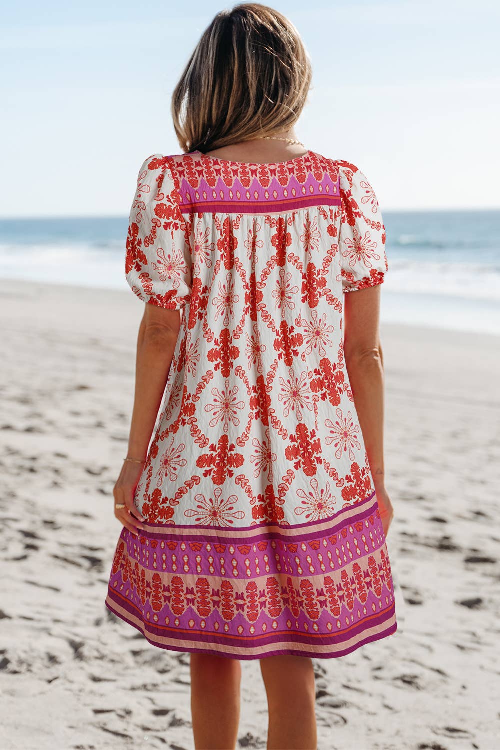 Boho Floral Short Sleeve Lace-up V Neck Mini Dress