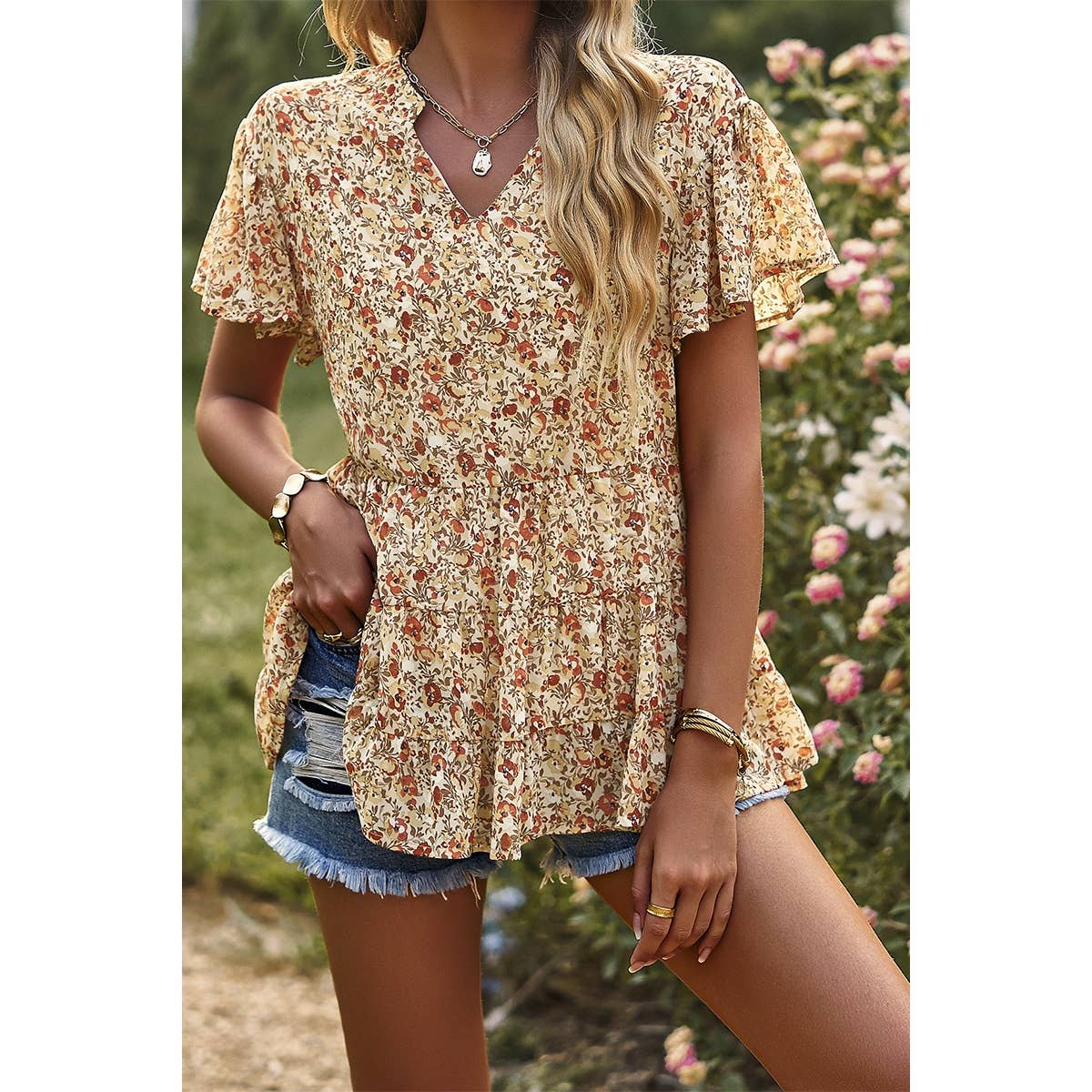 Floral Ruched V Neck Ruffle Short Sleeve Blouse