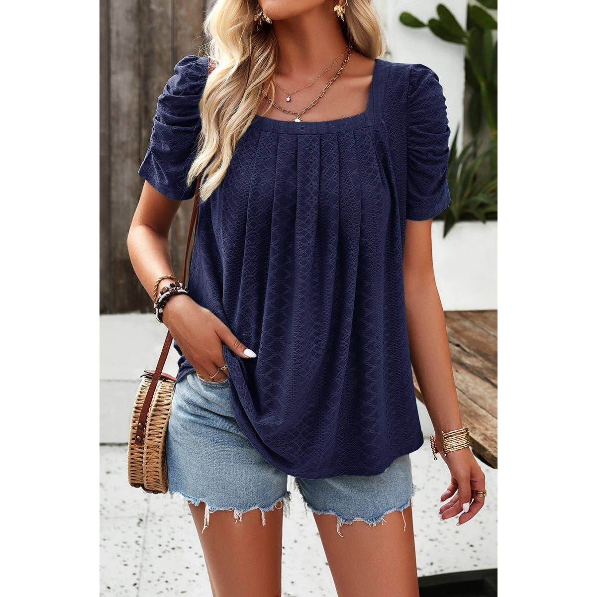 Square Neck Puff Sleeve Tunic Tops Eyelet Shirt