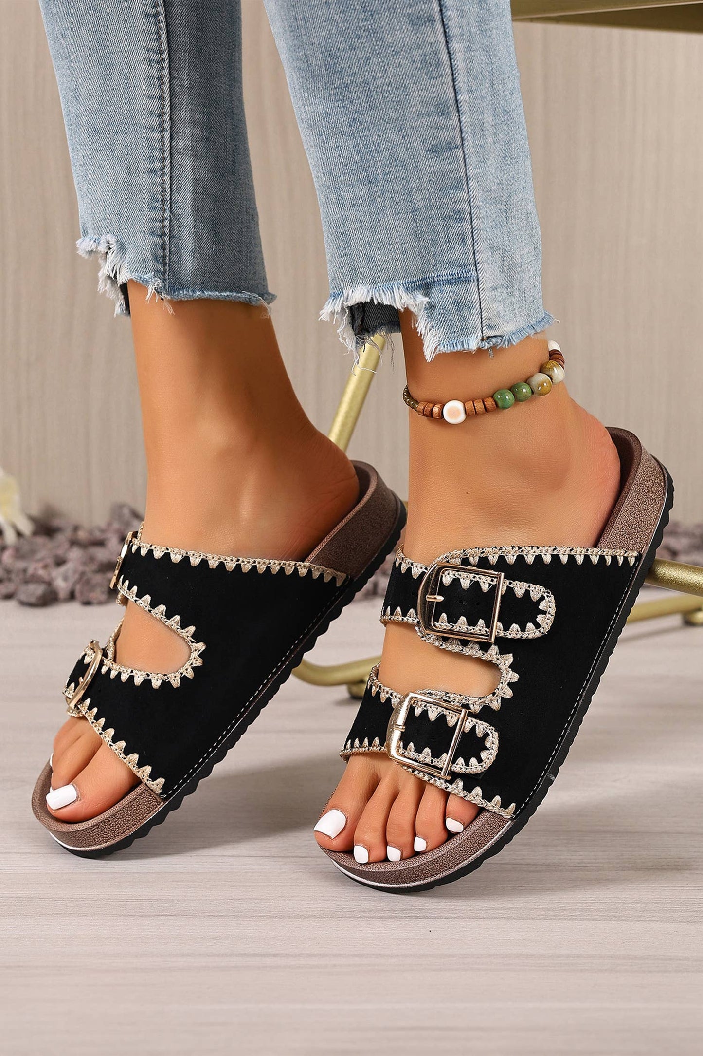 Retro Embroidered Trim Buckle Suede Slippers