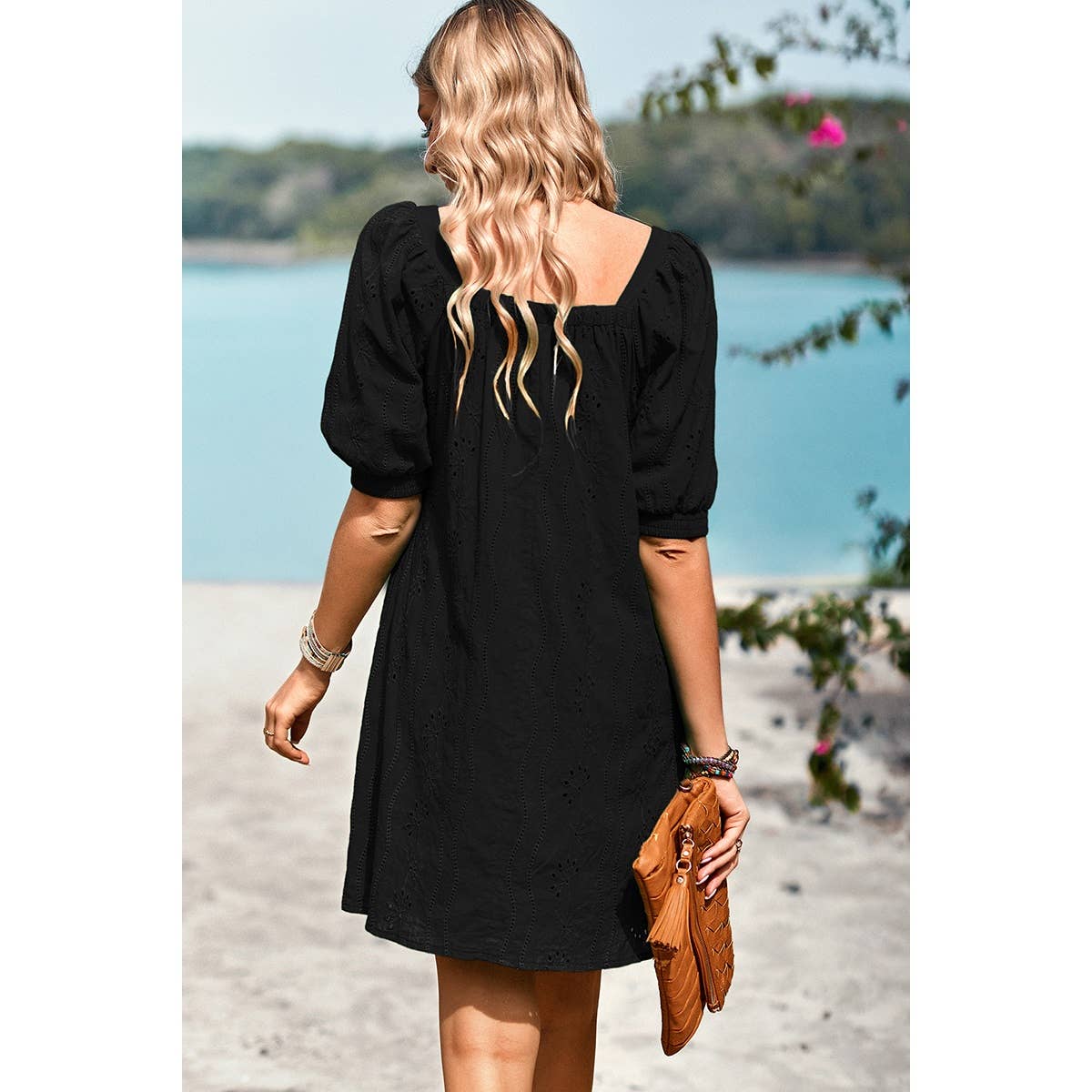 Square Neck Short Bubble Sleeve Babydoll Dress