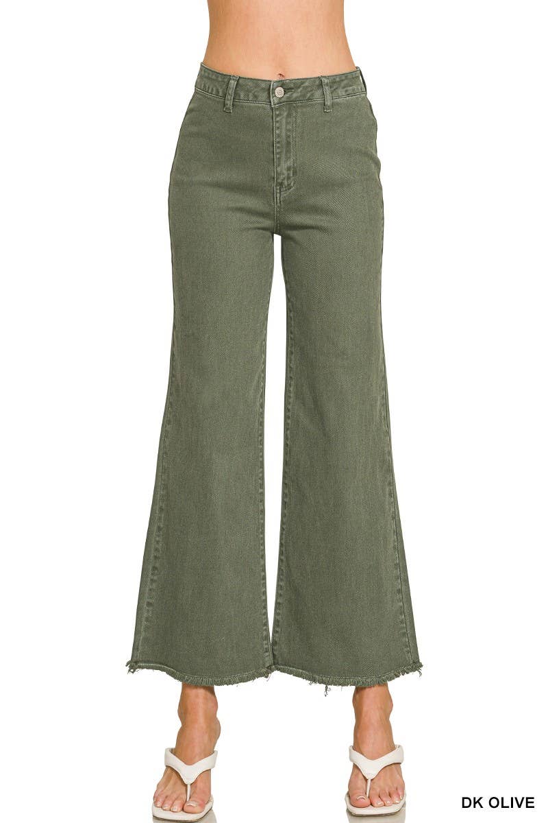 Olive Acid Washed Cutoff Frayed Pants