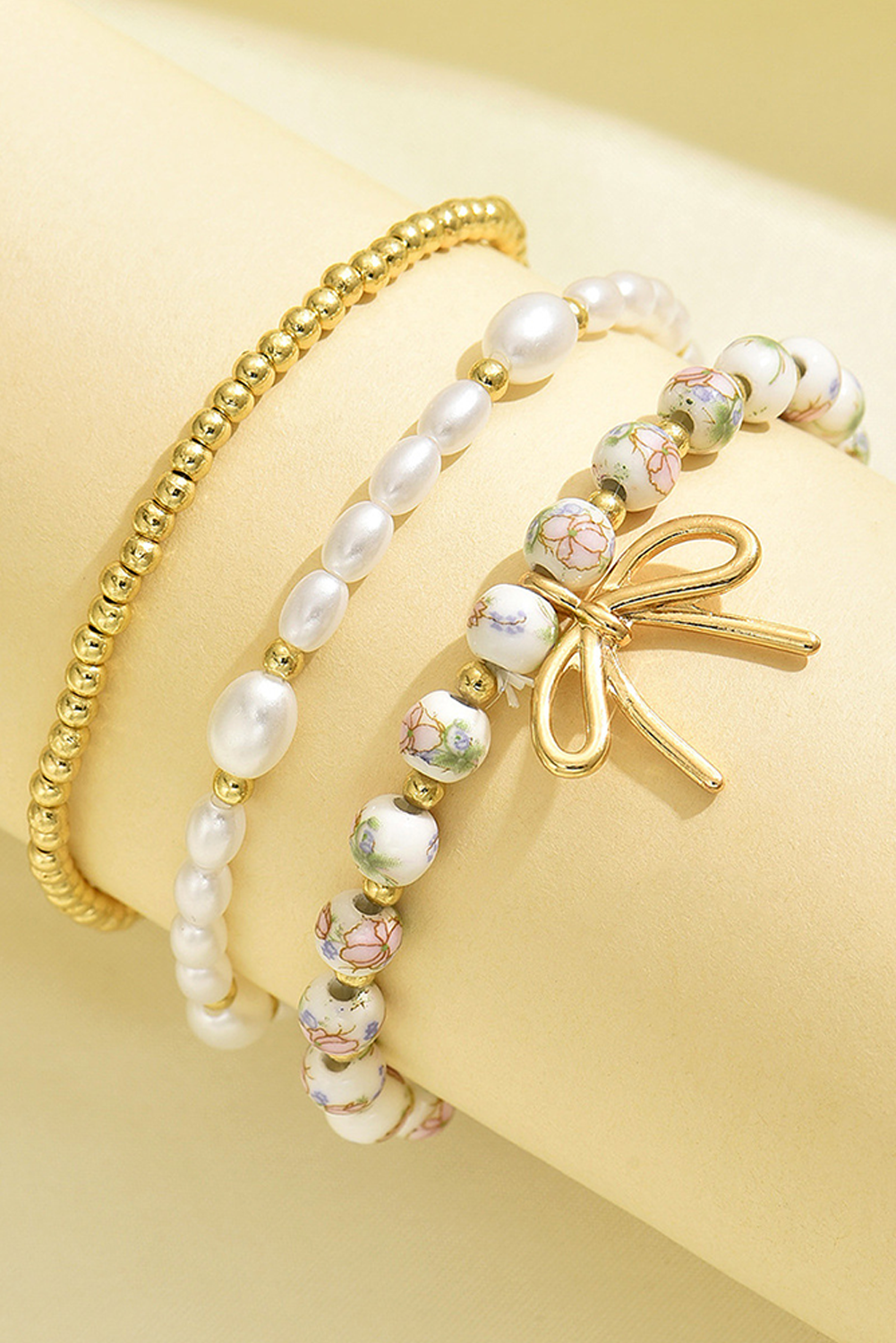Bow Knot Charm Beaded Triple Layer Bracelet Set