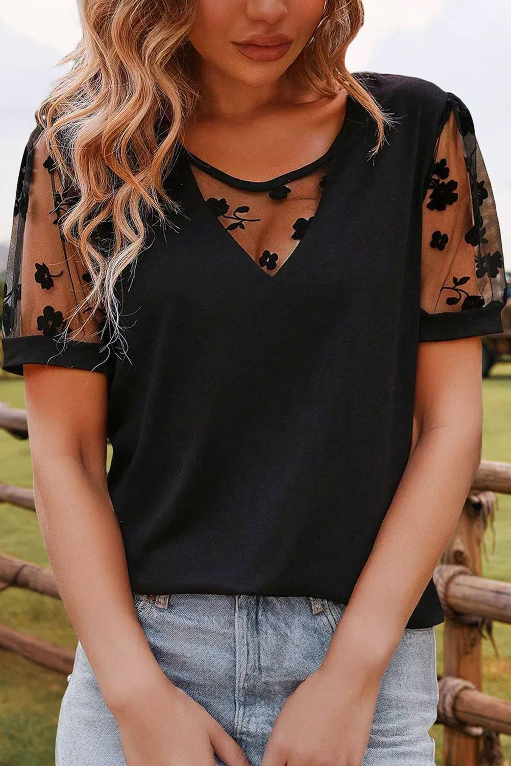 Fashion-W Floral Lace Patchwork Crew Neck T-Shirt