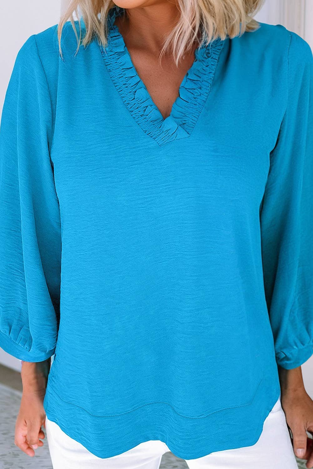 Frilled V Neckline Bracelet Sleeve Crinkled Blouse