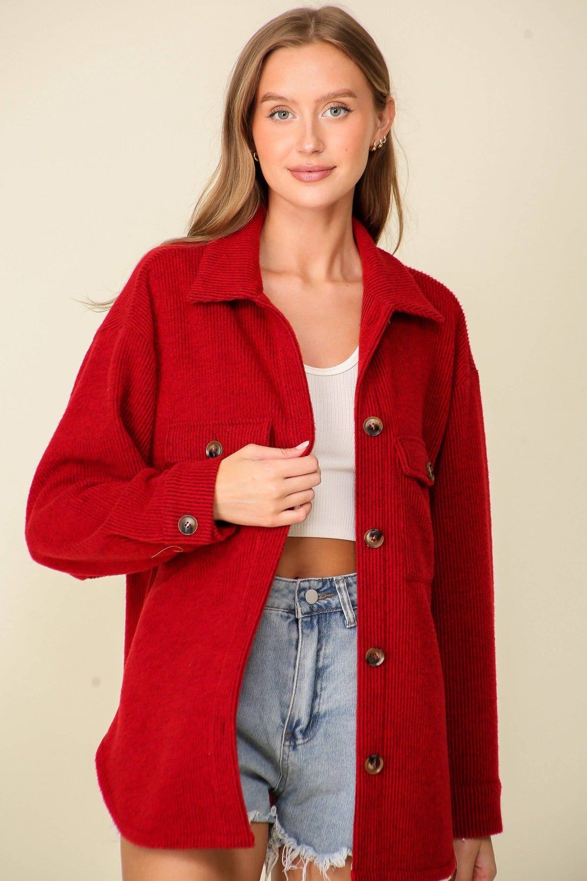 RED Button Down Brushed Waffle Shacket
