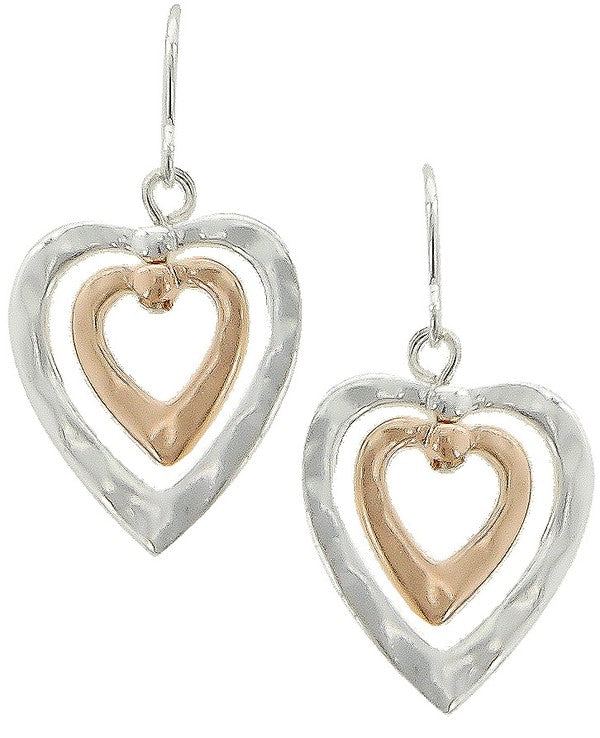 Layered Double Heart Hammered Metal Dangle Earrings