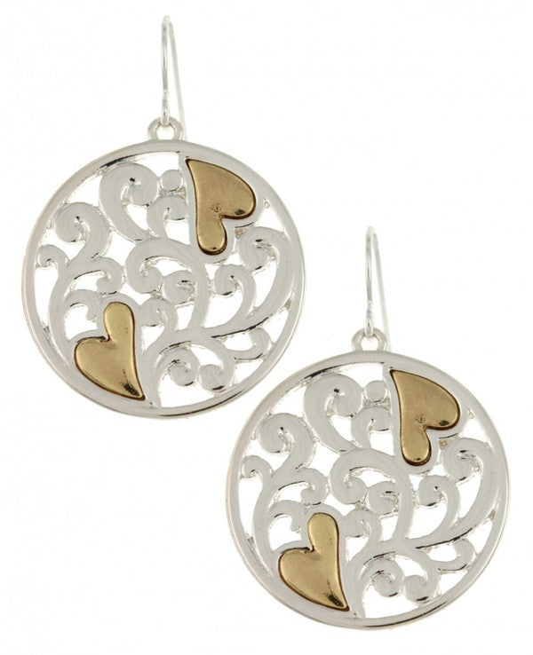 Heart Silver Filigree Cutout Round Dangle Earrings
