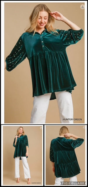 Umgee Velvet Top with Pearled Sleeves