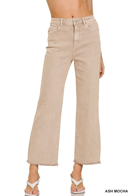 Acid Washed High Waist Frayed Hem Jeans - Ash Mocha