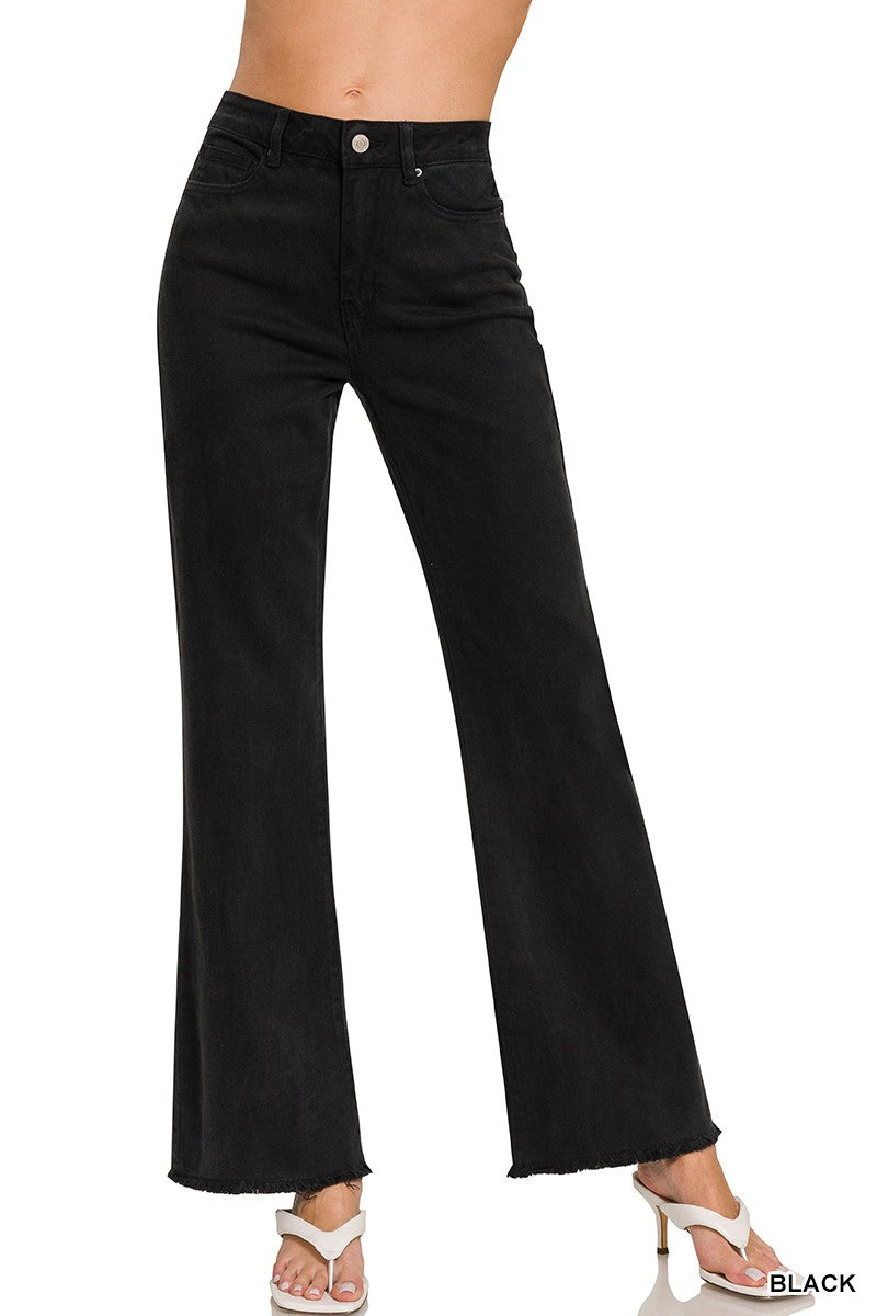 ACID WASHED FRAYED CUTOFF HEM STRAIGHT WIDE PANTS