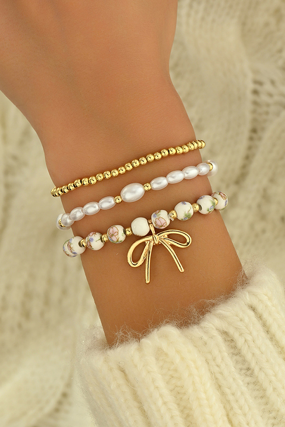 Bow Knot Charm Beaded Triple Layer Bracelet Set