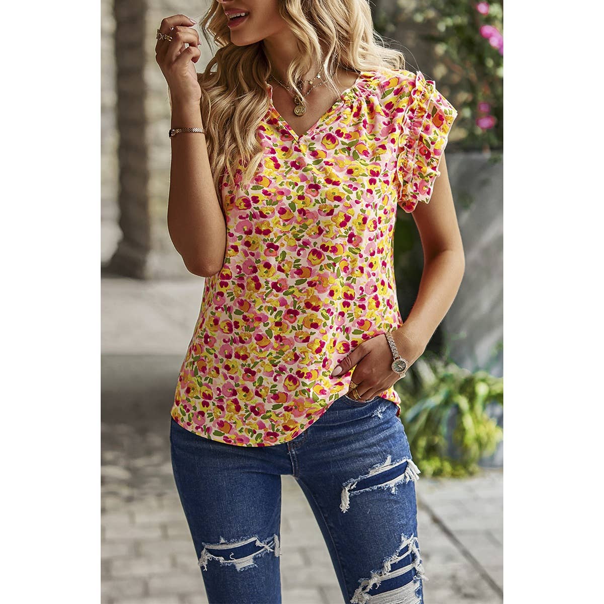 Floral Pleated V Neck Flutter Sleeve Pullover Top