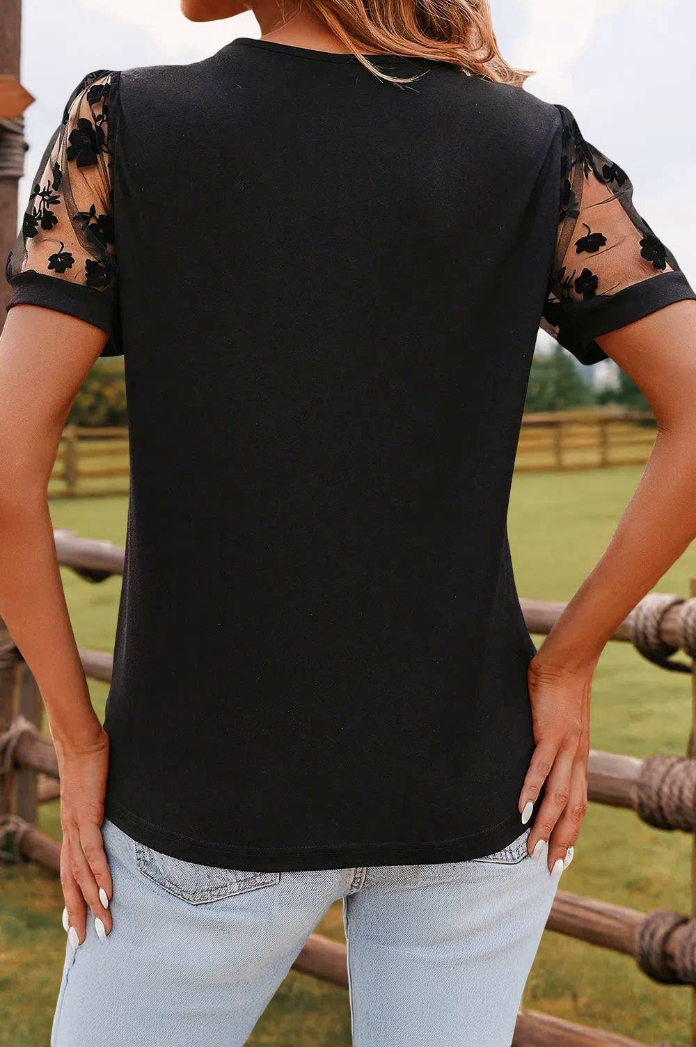 Fashion-W Floral Lace Patchwork Crew Neck T-Shirt
