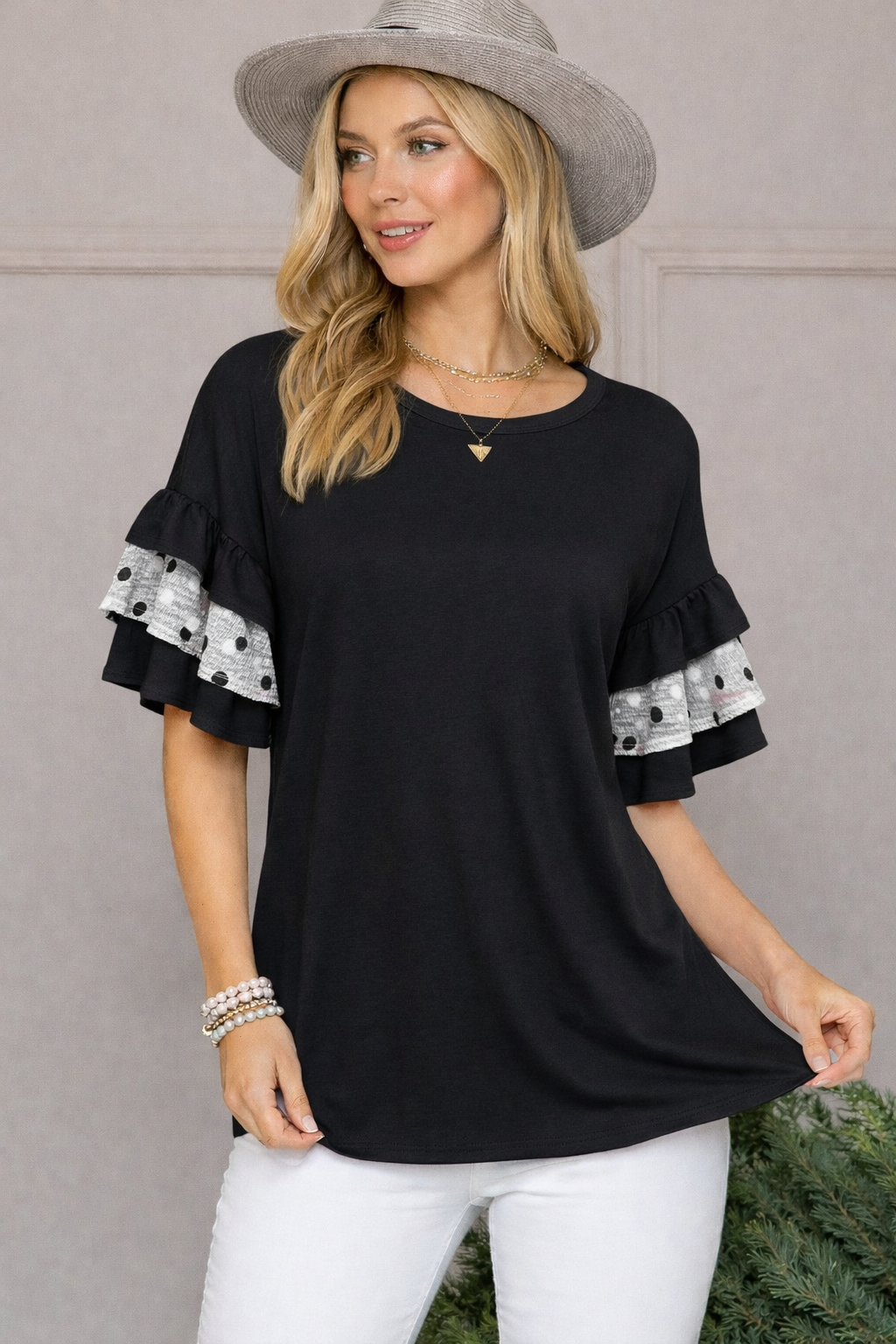 Black Polka Dot Ruffle Sleeve Top