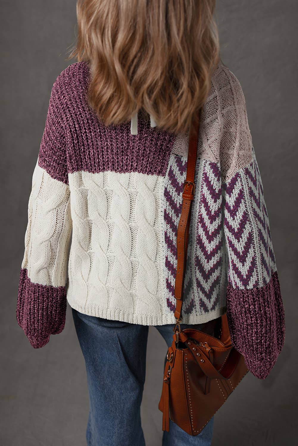 Color Block Patchwork Knotted Back Loose Fit Sweater