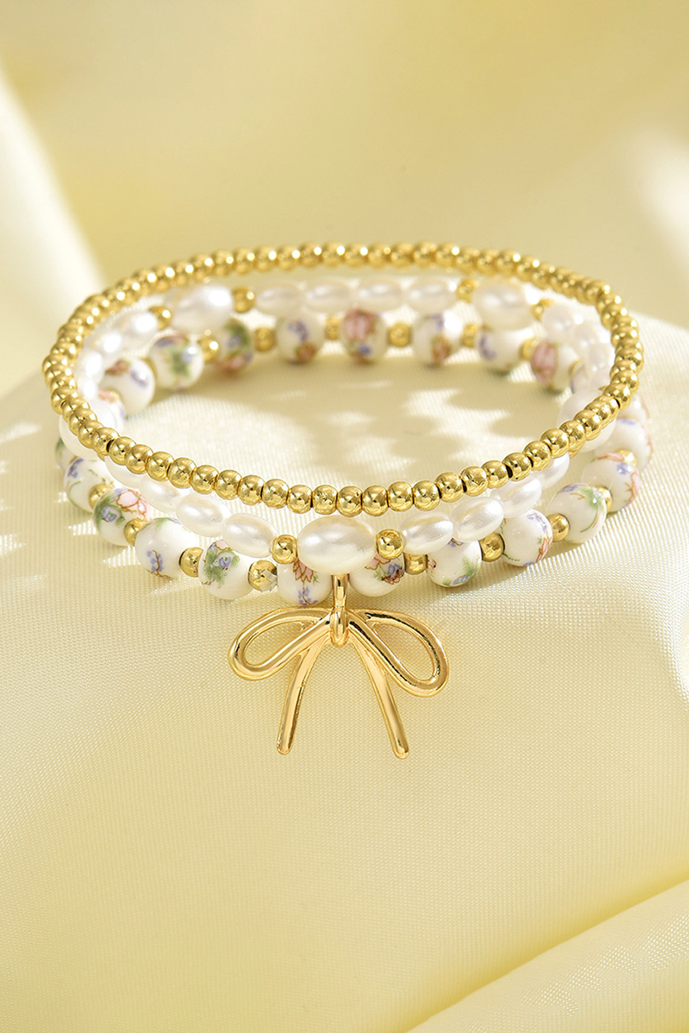 Bow Knot Charm Beaded Triple Layer Bracelet Set