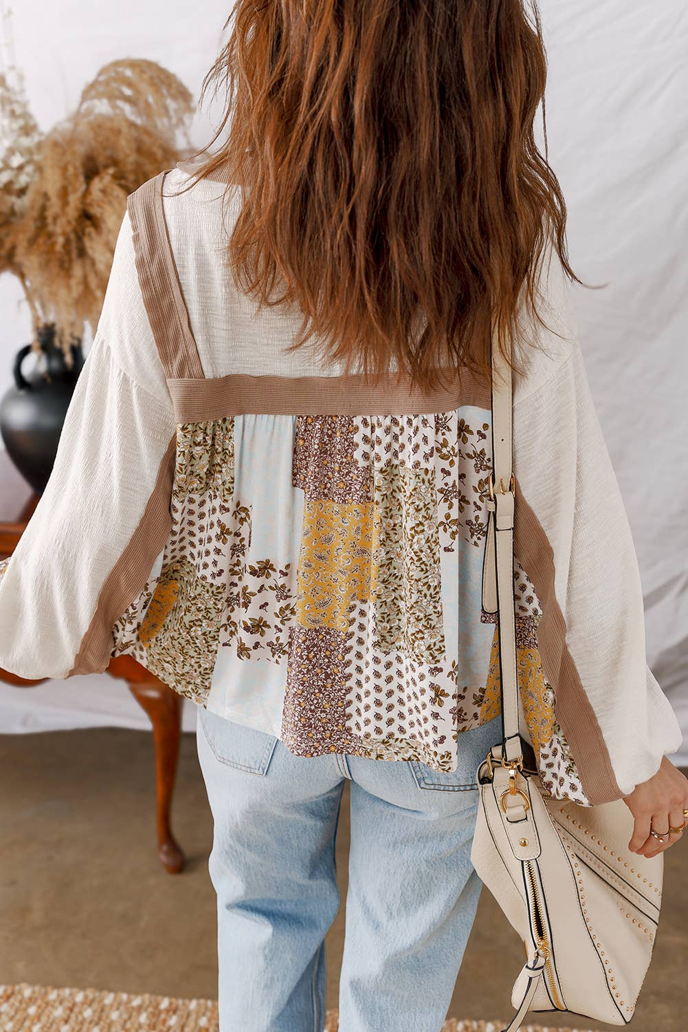 Floral Printed Contrast Patchwork Long Sleeve Top