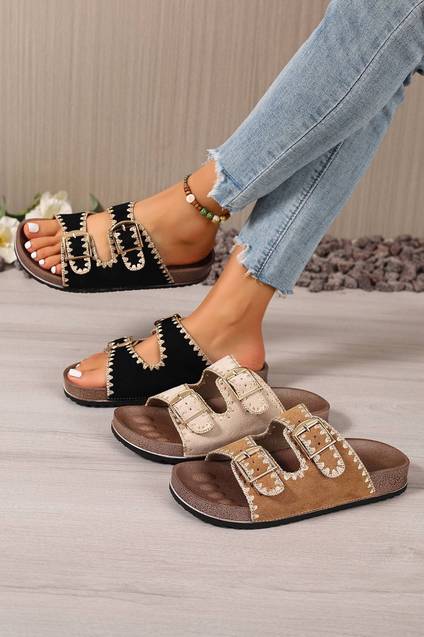 Retro Embroidered Trim Buckle Suede Slippers