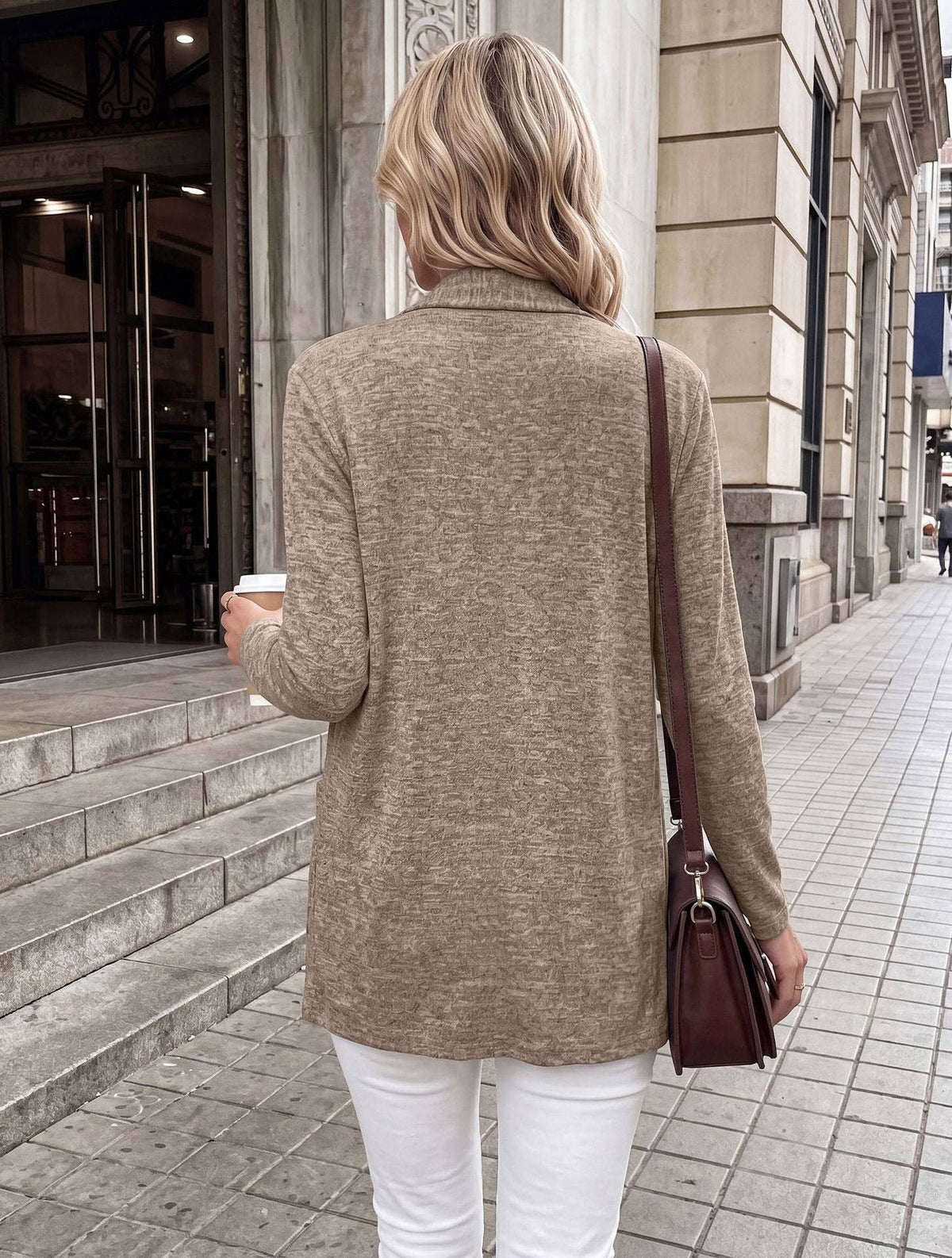 Khaki Open Front Pocket Long Sleeve Cardigan
