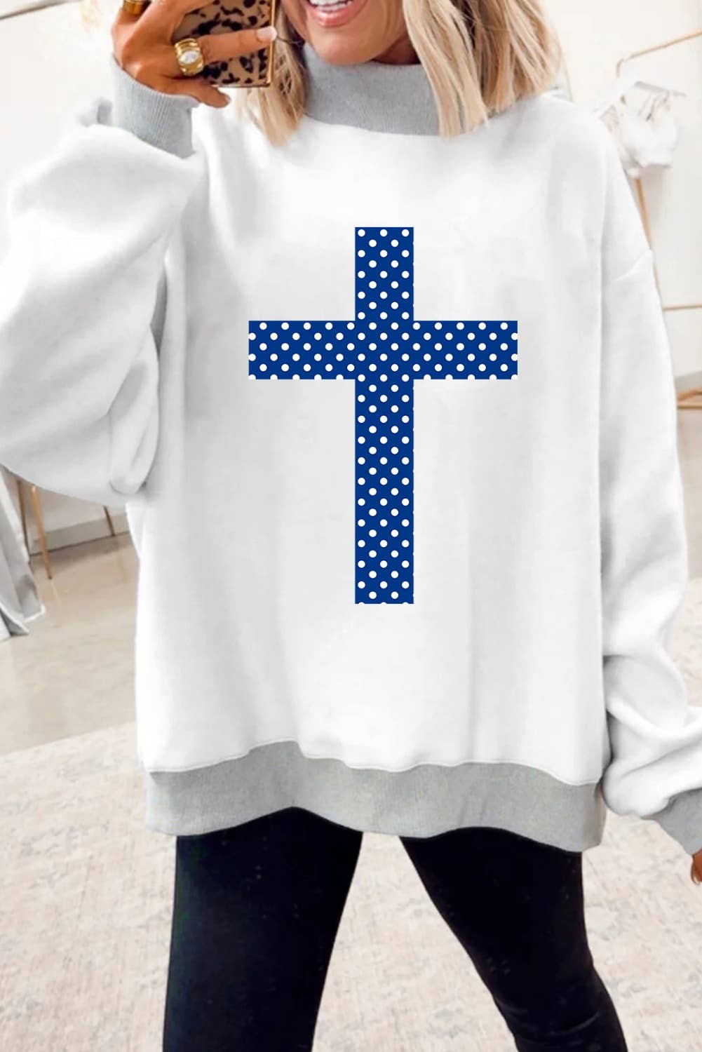 Polka Dot FAITH Print Mock Neck Sweatshirt