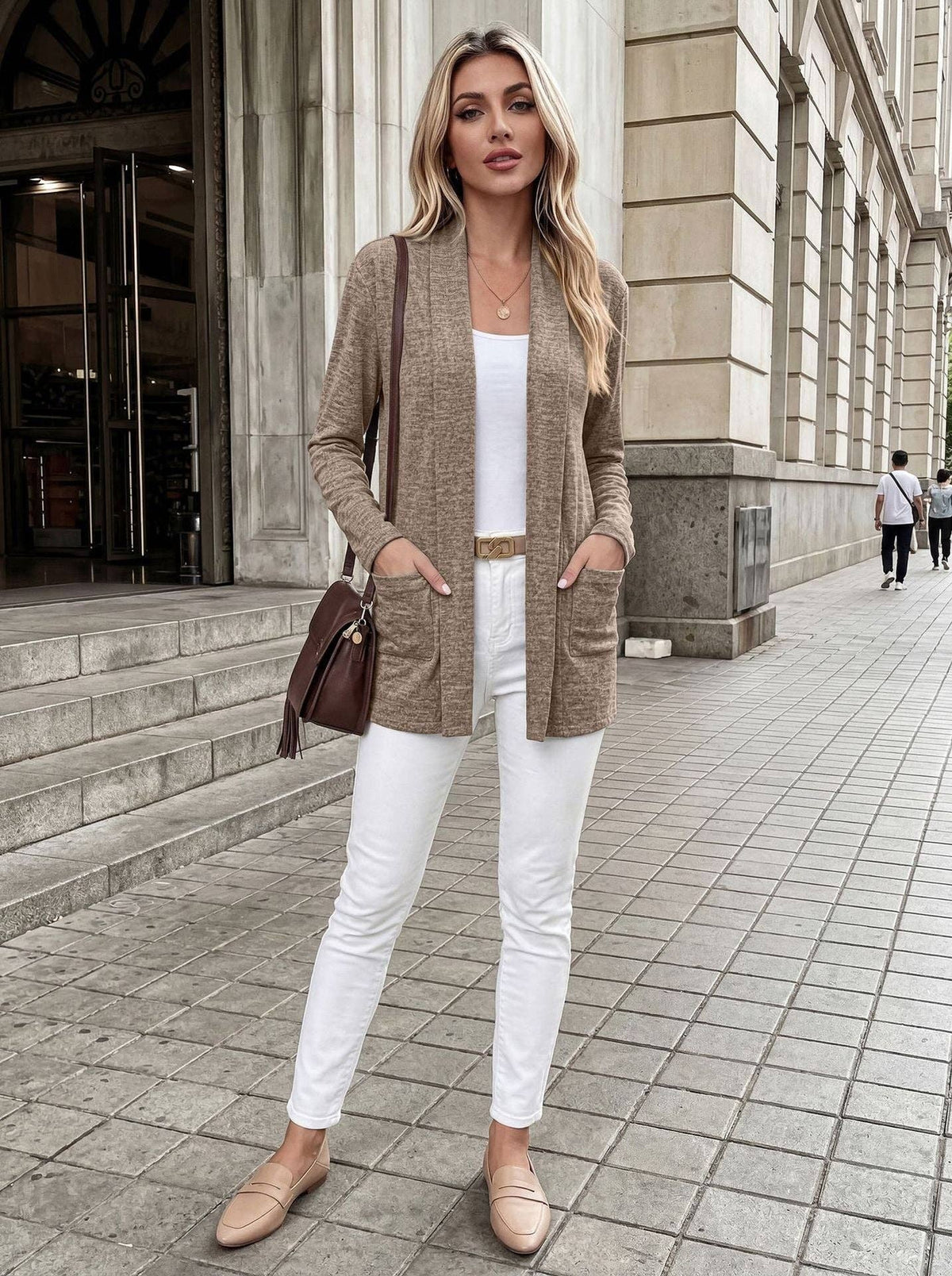 Khaki Open Front Pocket Long Sleeve Cardigan