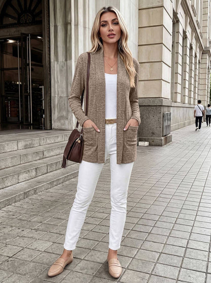Khaki Open Front Pocket Long Sleeve Cardigan