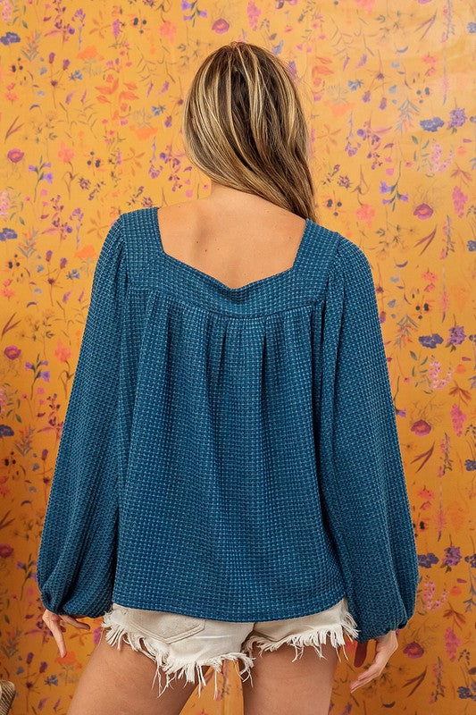 2TONE WAFFLE SQUARE NECK SHIRRED TOP