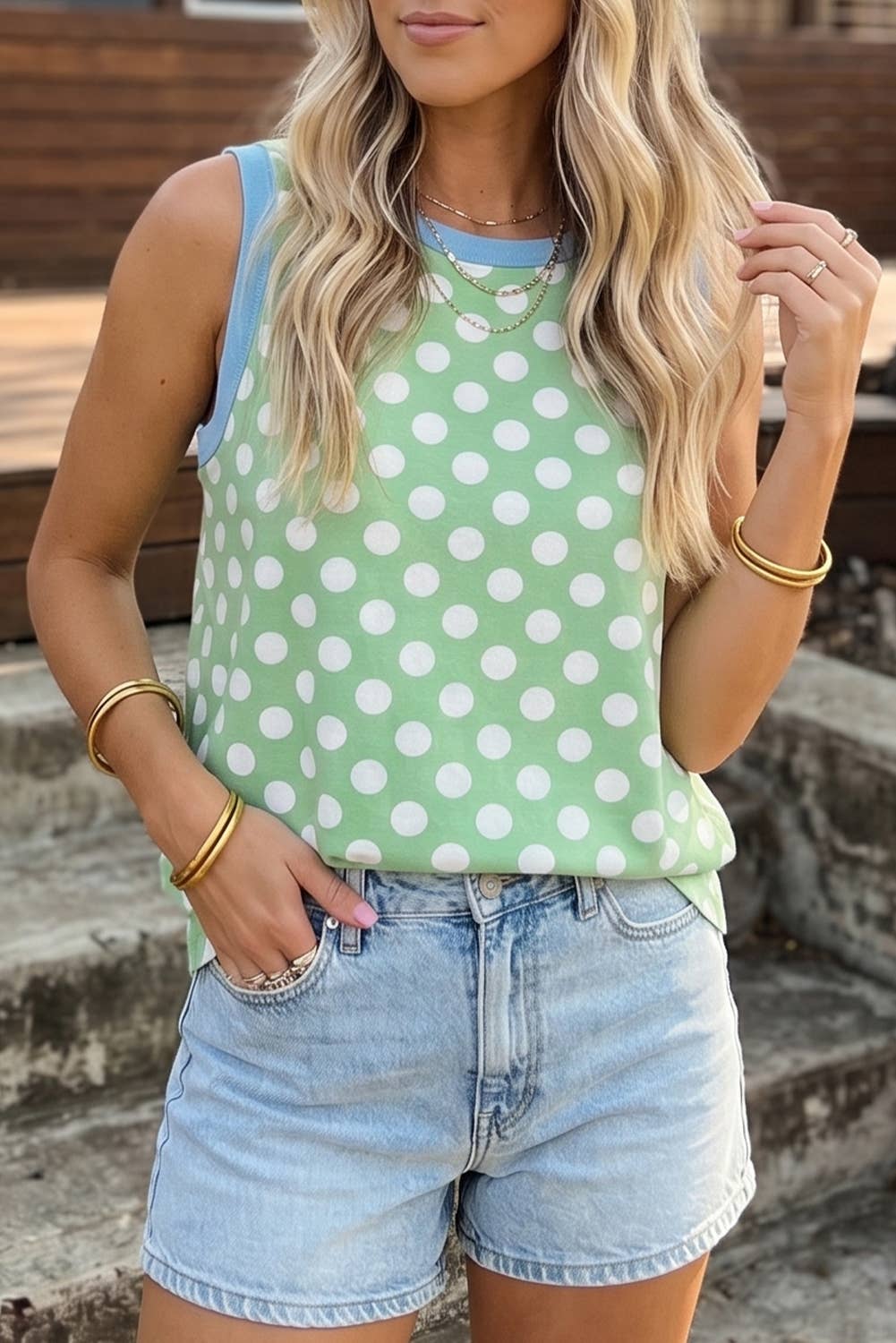 Polka Dot Contrast Trim Round Neck Loose Tank Top