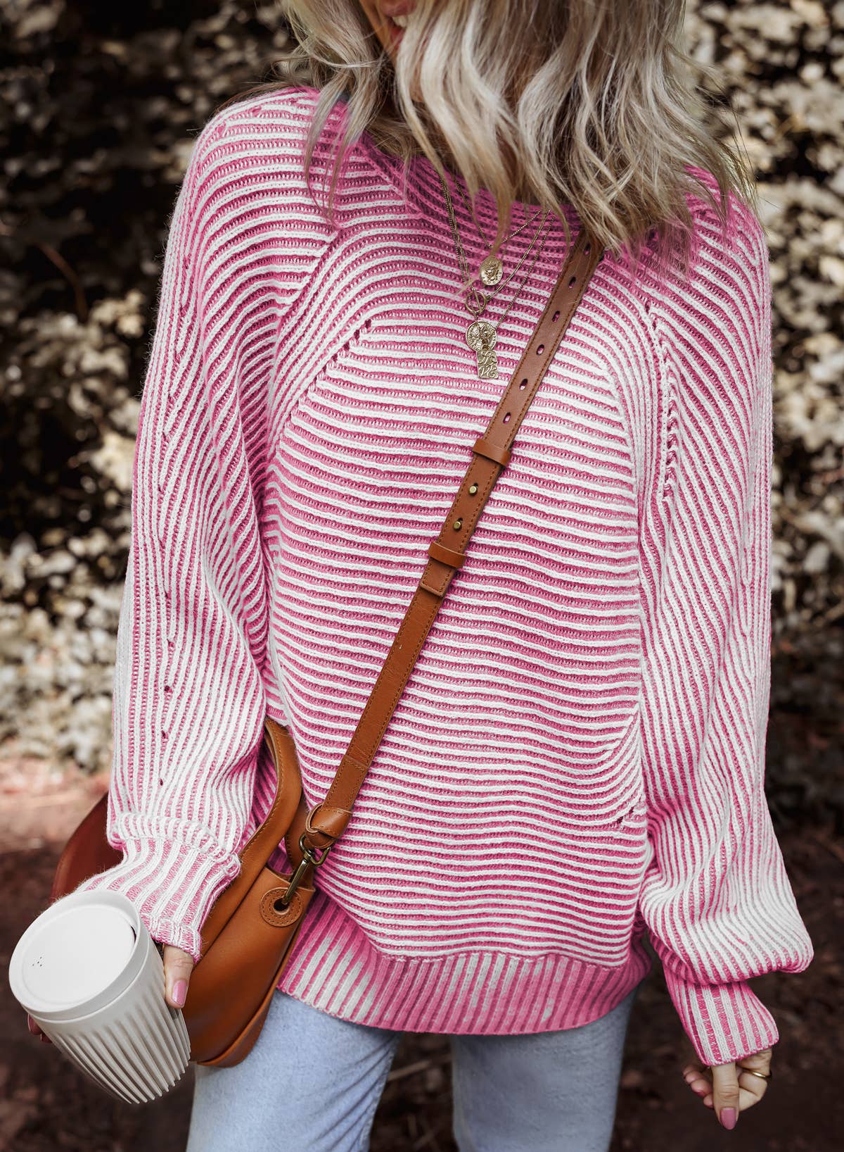 Striped Ribbed Knit Boat Neck Baggy Sweater