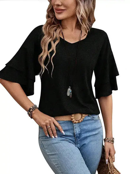Black V-neck, ruffled T Shirt