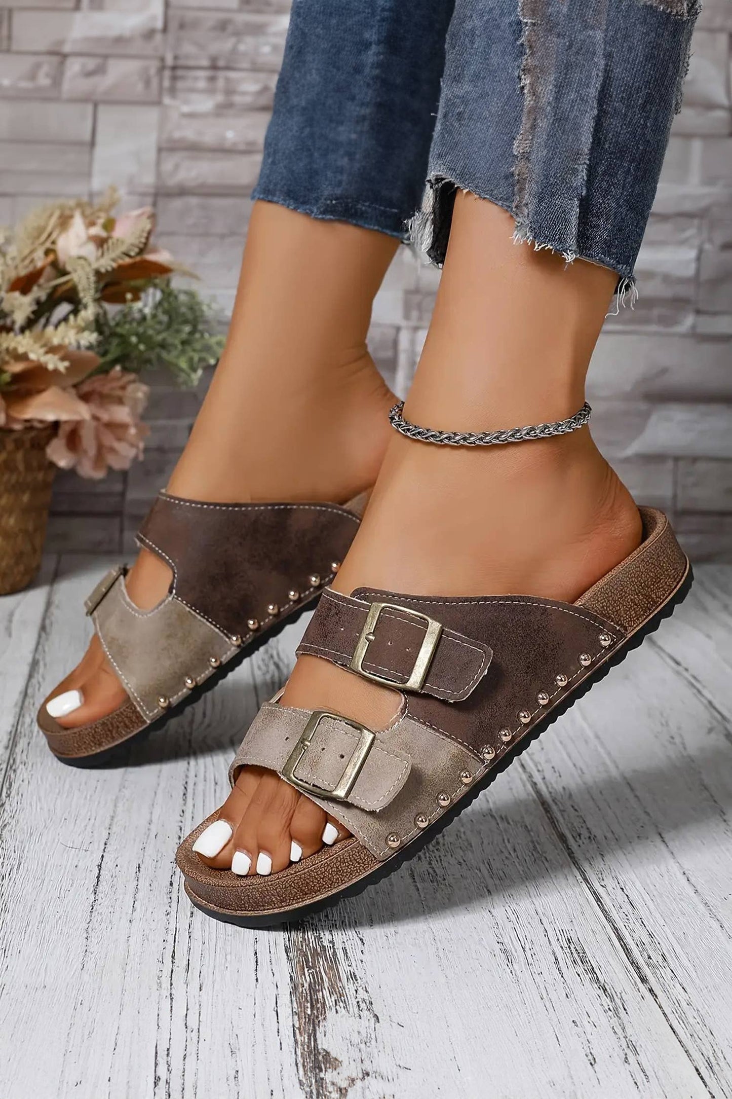 Western Suede Rivet Buckle Strap Slide Sandals Slip-on Shoes