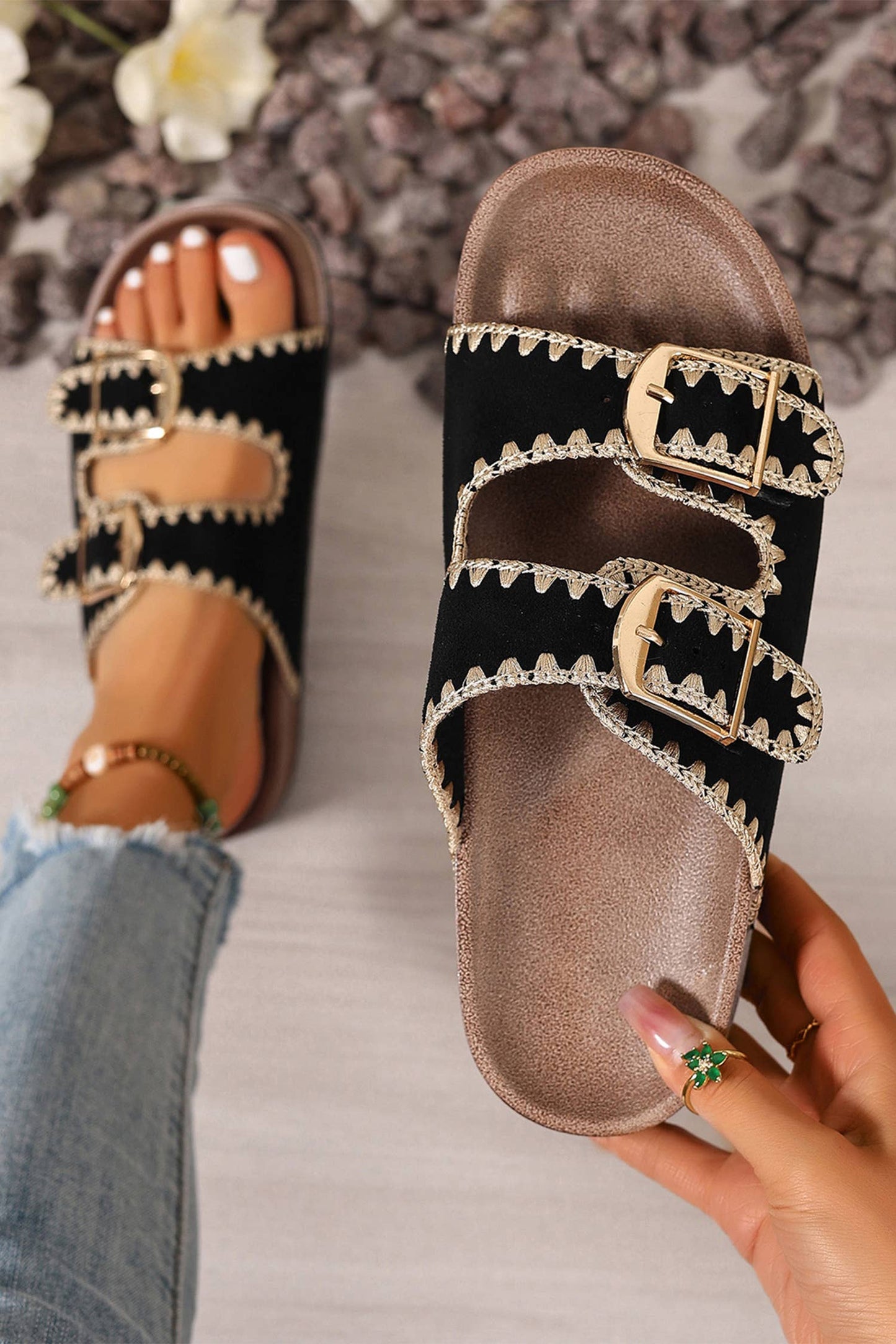 Retro Embroidered Trim Buckle Suede Slippers