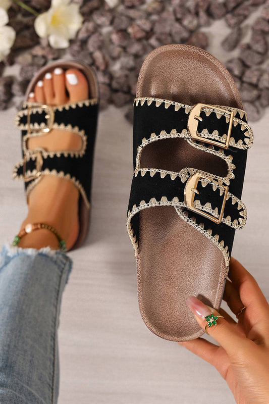 Retro Embroidered Trim Buckle Suede Slippers