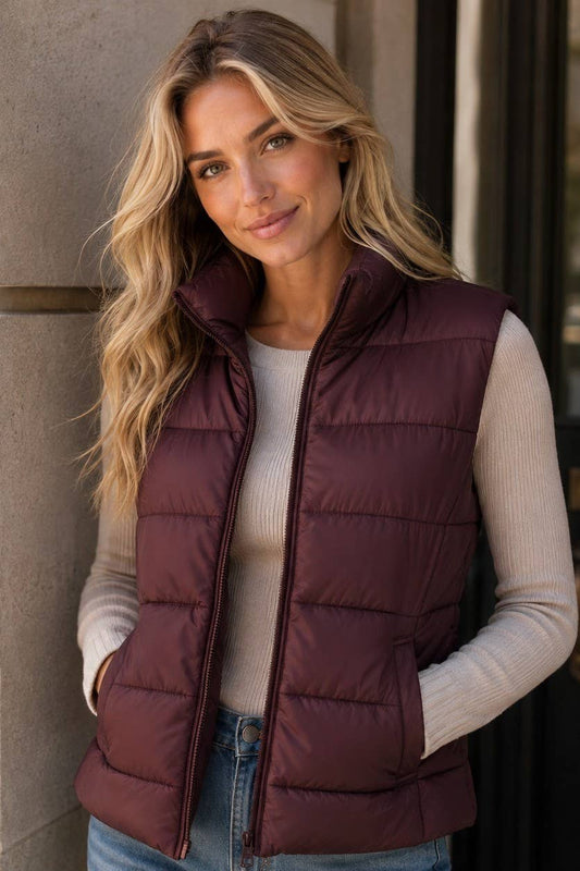 Burgundy Quilted Zip-up Puffer Vest