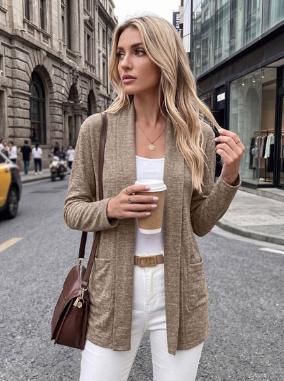Khaki Open Front Pocket Long Sleeve Cardigan