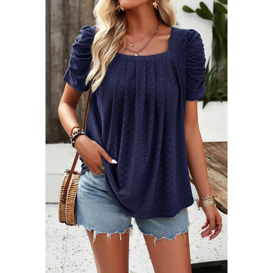 Square Neck Puff Sleeve Tunic Tops Eyelet Shirt