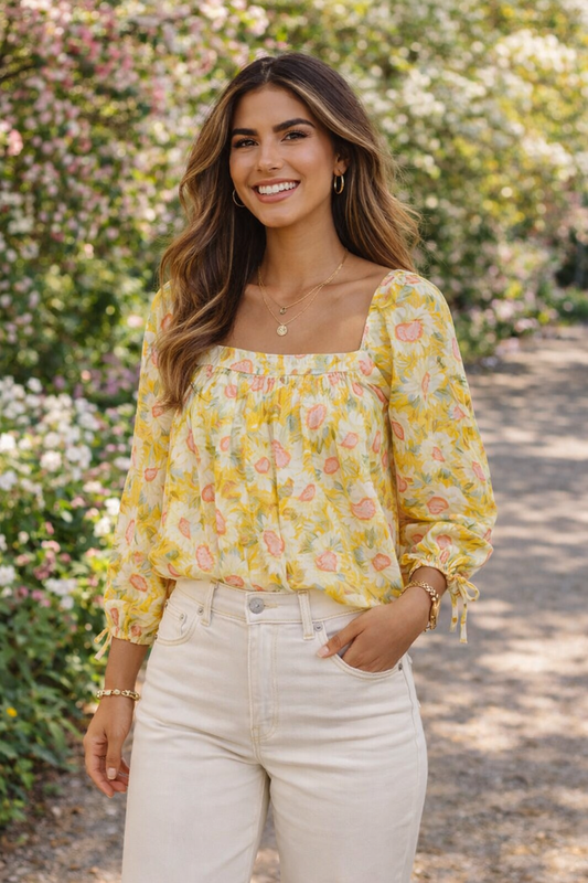 Sunflower Print Sqaure Neck Tie Sleeve Blouse