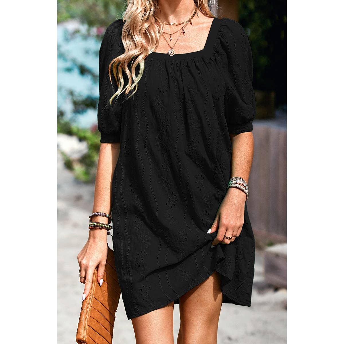 Square Neck Short Bubble Sleeve Babydoll Dress