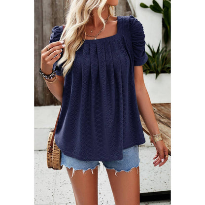 Square Neck Puff Sleeve Tunic Tops Eyelet Shirt
