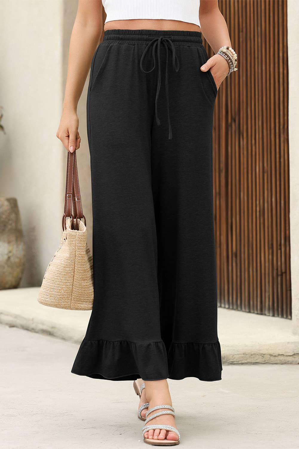 Ruffled Wide Leg High Waist Pockets Pants