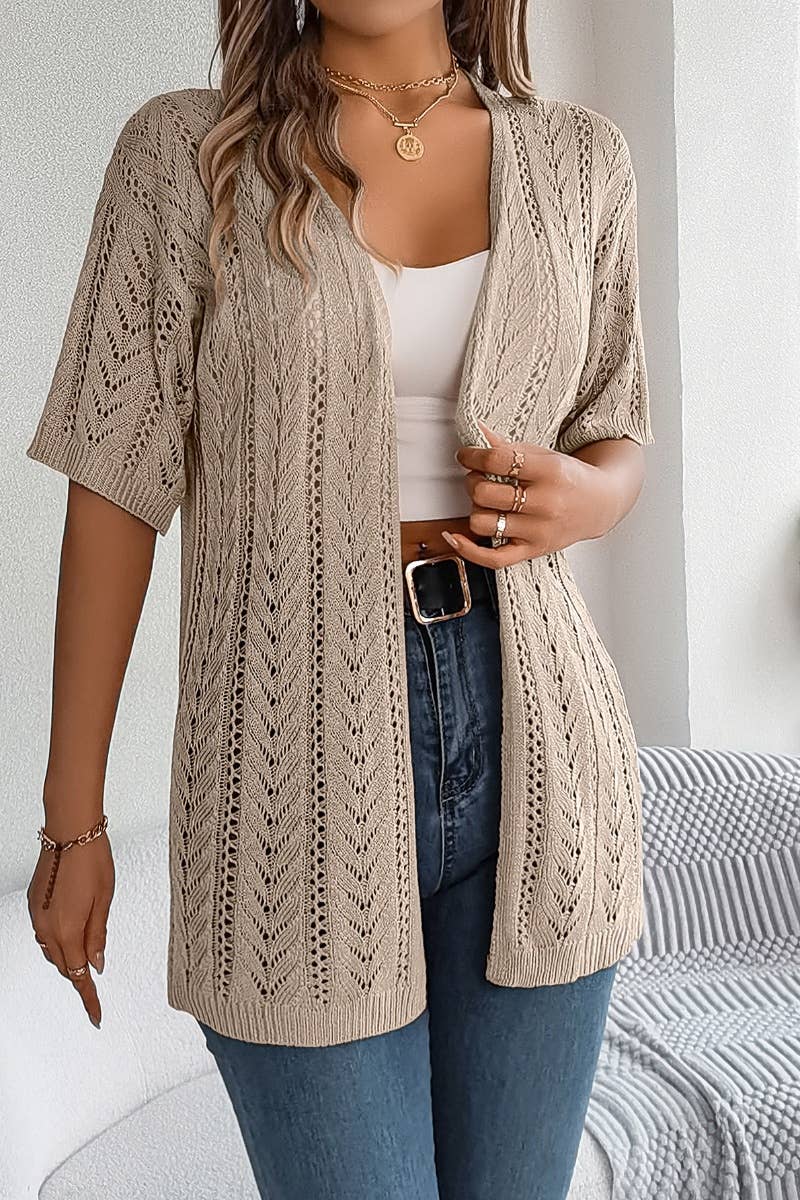 SHORT-SLEEVED HOLLOW-KNIT CARDIGAN