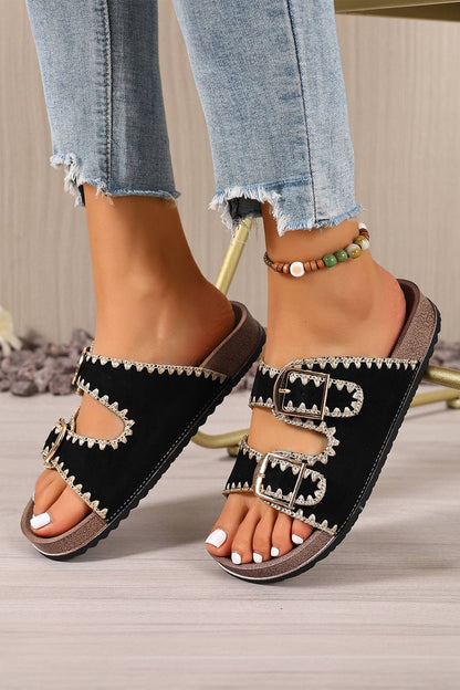 Retro Embroidered Trim Buckle Suede Slippers
