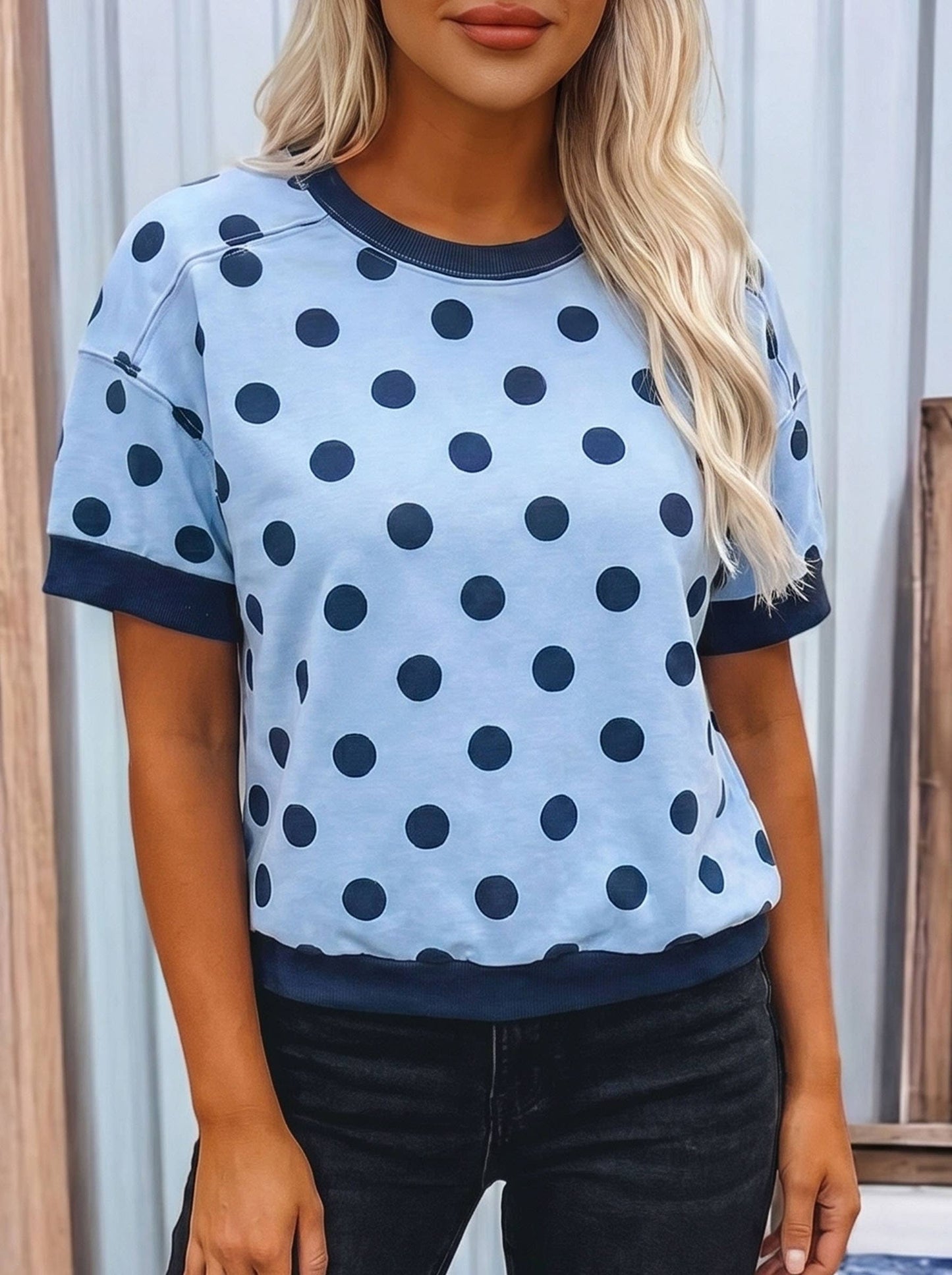 Summer Hot Color Block Trim Polka Dot Casual Top