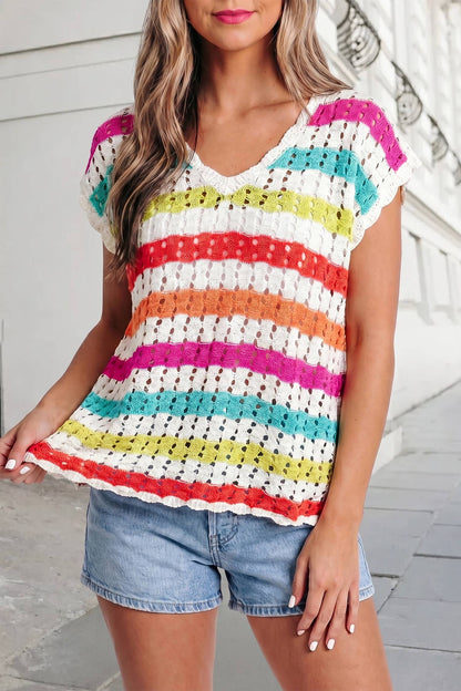 Striped Print Eyelet Knit V Neck Sweater Tee