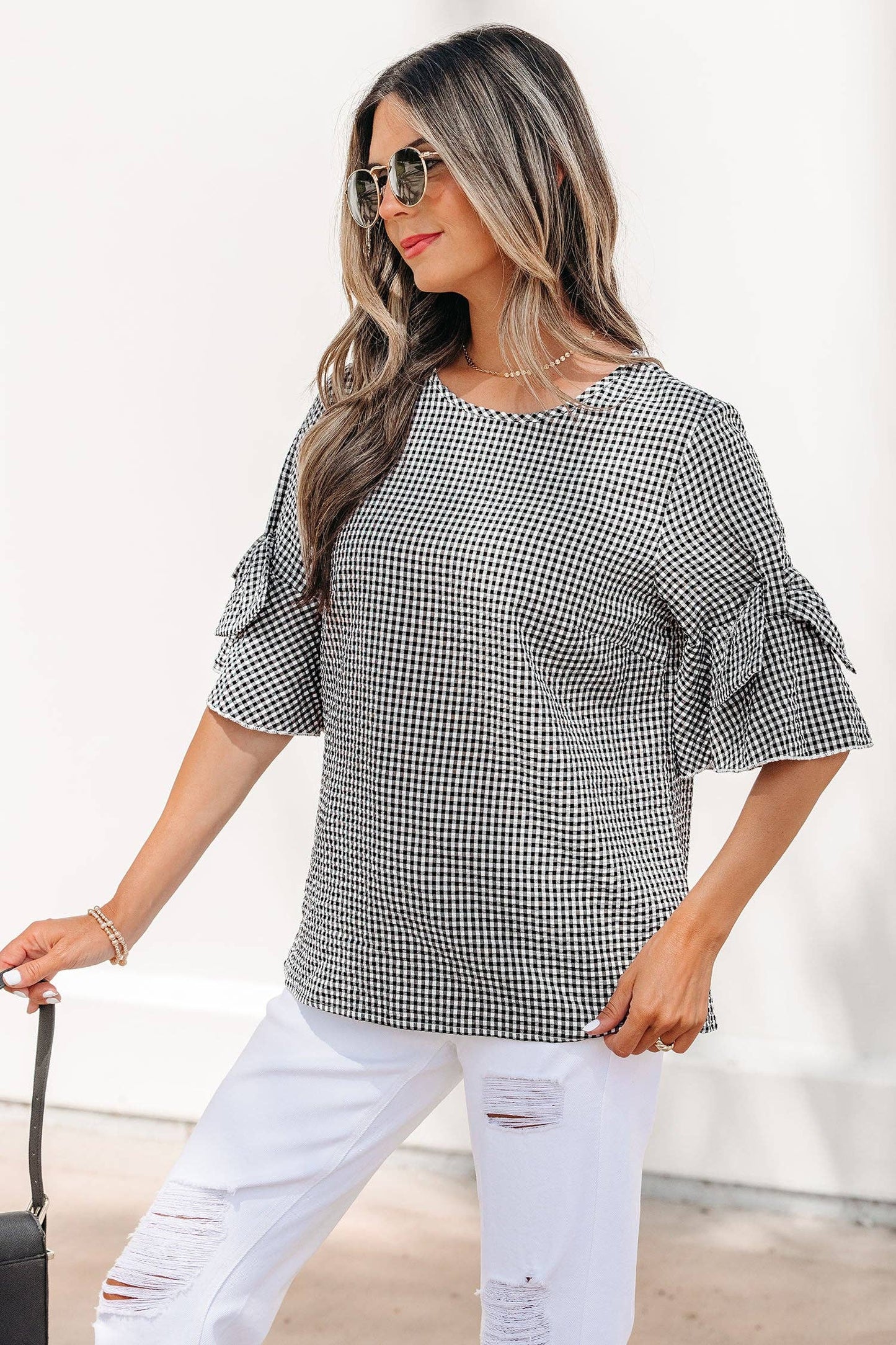 Black Plaid Bow Ruffled Half Sleeve Blouse