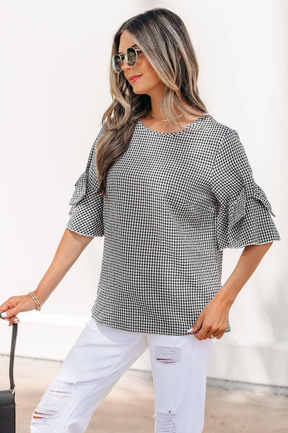 Black Plaid Bow Ruffled Half Sleeve Blouse