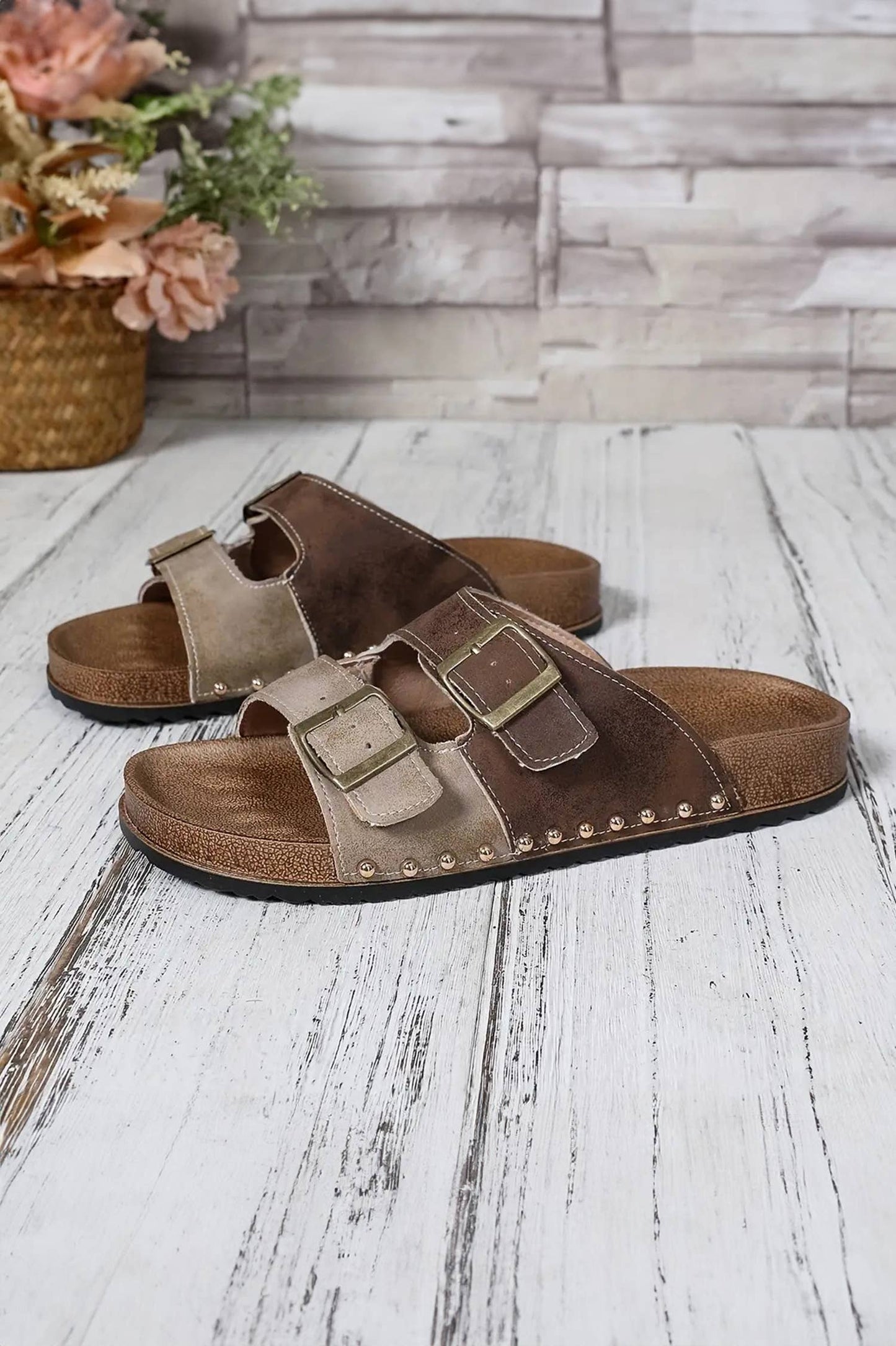 Western Suede Rivet Buckle Strap Slide Sandals Slip-on Shoes