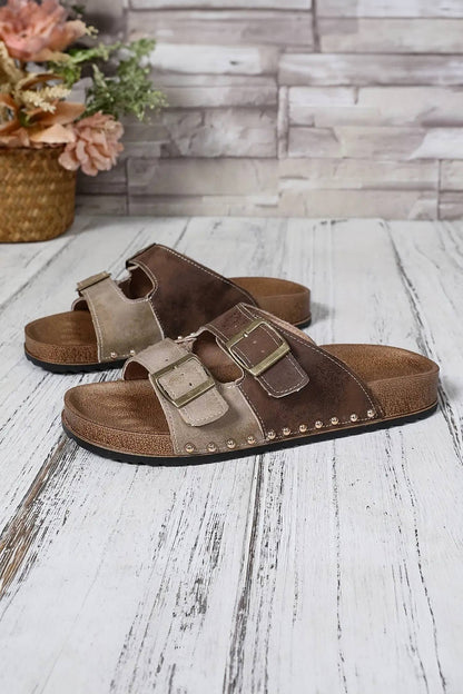 Western Suede Rivet Buckle Strap Slide Sandals Slip-on Shoes